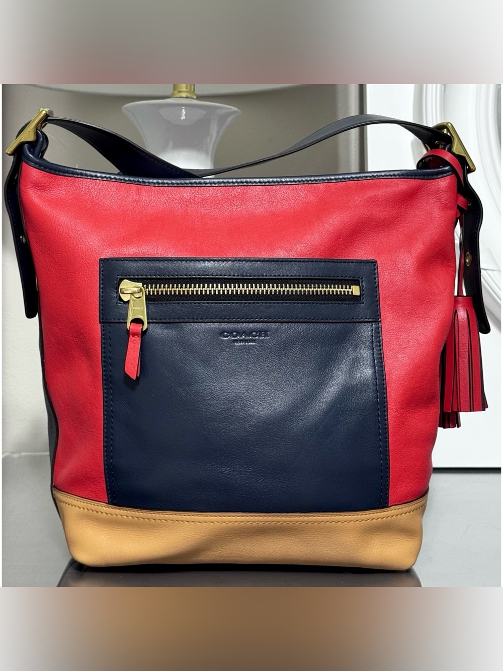 COACH Large Legacy Colorblock Leather Duffle Bag, NAVY/ RED